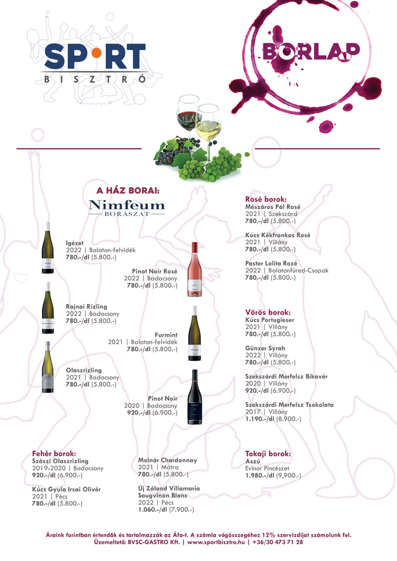 Sportbisztro étlapja